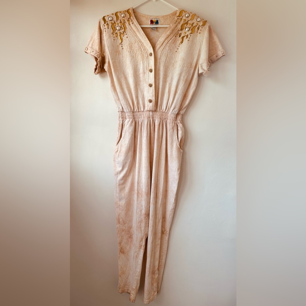 Vtg Focus Peach Tie-Dye Cotton Embellished Elastic Waist Short Sleeve Jumper M